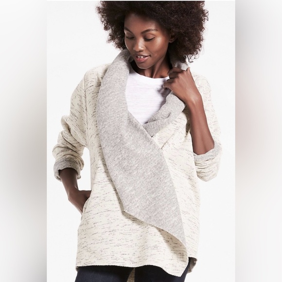 Lucky Brand Cardigan Sweater Fleece Lined Shawl Wrap Collar Chunky Cream Gray XS - Picture 1 of 16